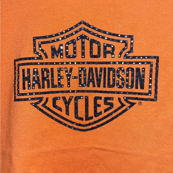 Harley Davidson Woman’s Orange Long Sleeve Rhinestone Shirt Size XS P2P 16” - Picture 4 of 5
